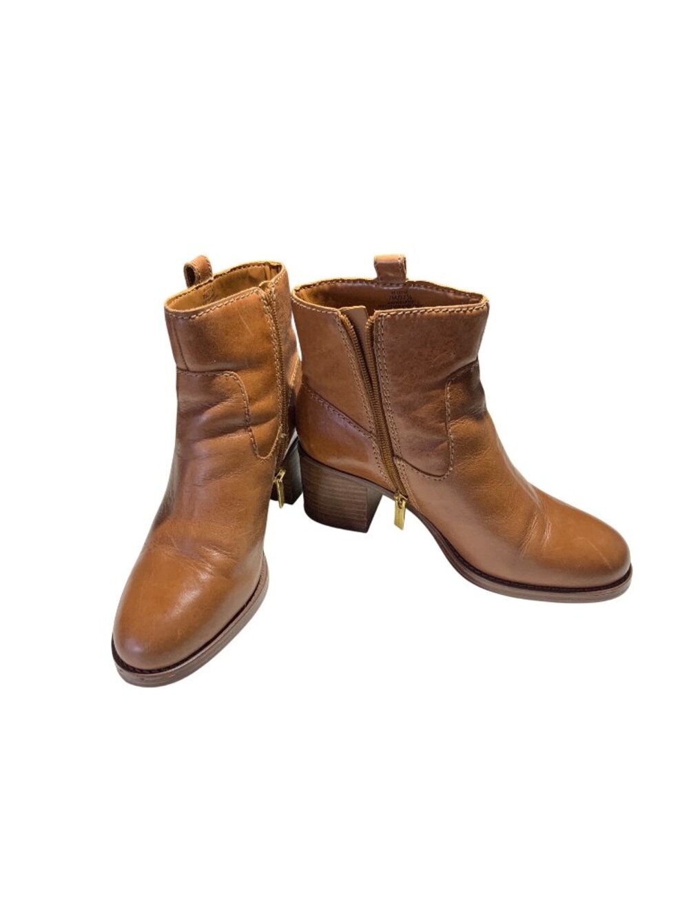 Vince Camuto Cognac Leather Ankle Booties Side Zip Block Heel Size 7M